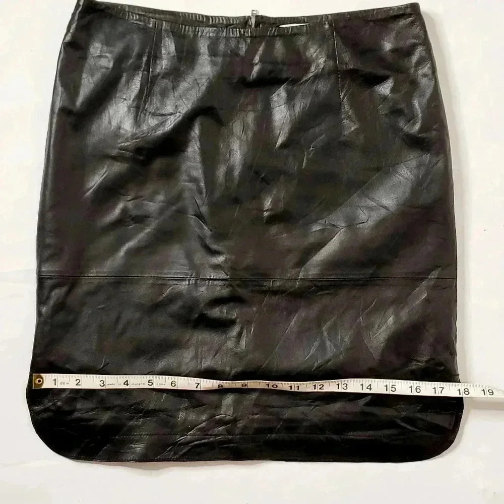 Part Two Ursanas  PW 100%Leather Skirts Sz 6/8 W34 Black Zipper Soft Side Slit - Picture 7 of 11